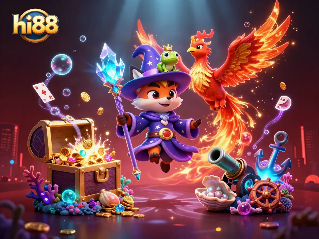 hi88 showcases thrilling gameplay with a mystical wizard fox and phoenix in a vivid casino scene.