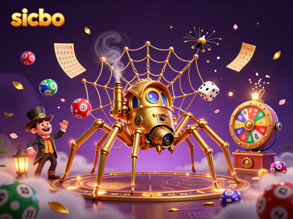 Engage in Sicbo action with a steampunk spider catching dice in a vibrant casino setting.