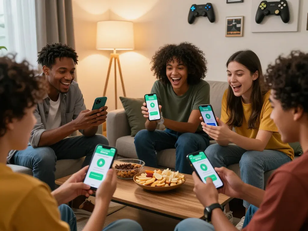 Friends excitedly discussing the BetVisa referral bonus in a cozy setting, showing app interfaces and unique codes.
