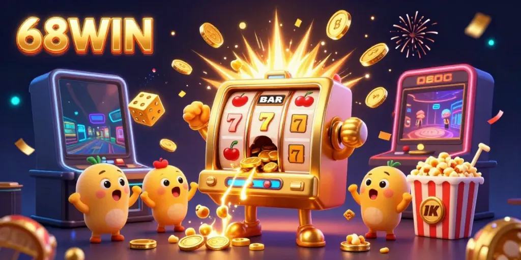 Experience the thrill of winning at 68WIN with a cheerful slot machine celebrating a jackpot eruption of coins.