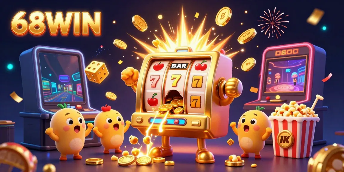 Experience the thrill of winning at 68WIN with a cheerful slot machine celebrating a jackpot eruption of coins.