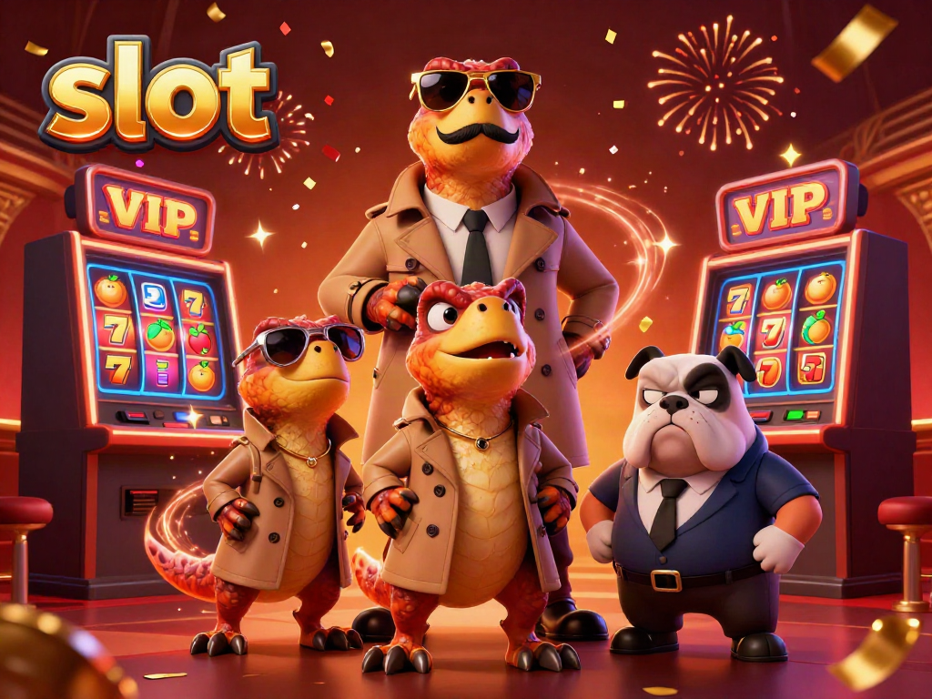 Experience the thrill of slots in a cartoon casino scene featuring raptors and a bulldog