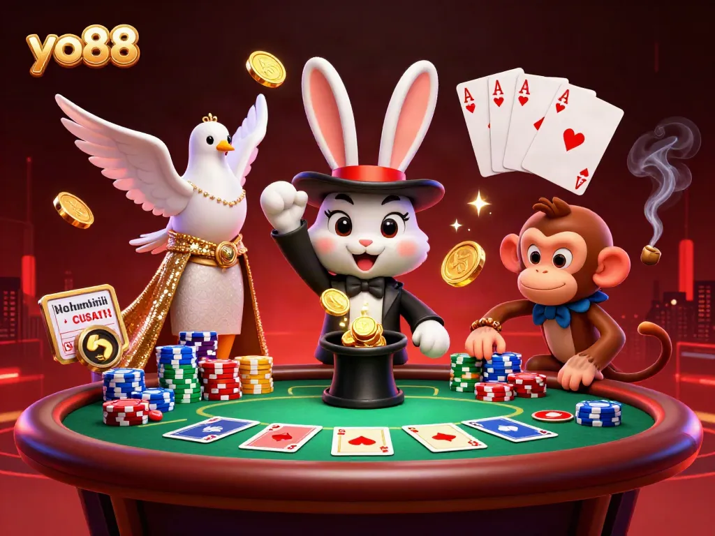 Engage with yo88's vibrant casino scene featuring a magician rabbit, a dove, and a monkey amidst poker chaos.