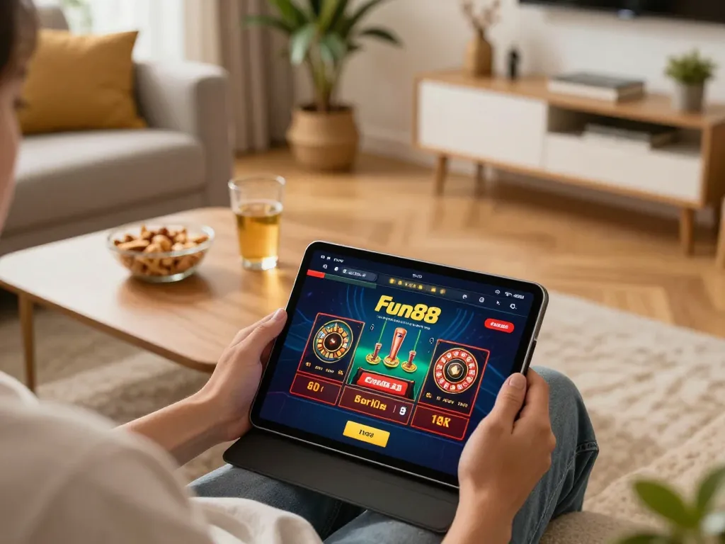 Playing poker on Fun88 app in a cozy living room with snacks and drinks.