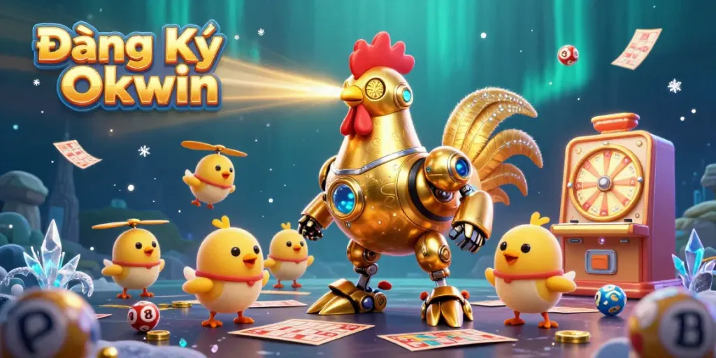 Experience the thrill of Đăng Ký Okwin as 3D characters interact with vibrant lottery elements in a dynamic illustration.