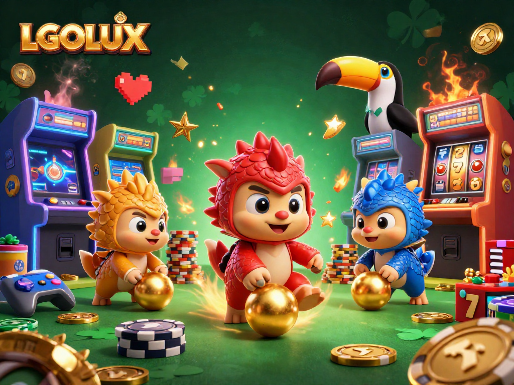 Experience the excitement of LGOLUX with this vibrant 3D illustration featuring playful pangolins and casino elements.
