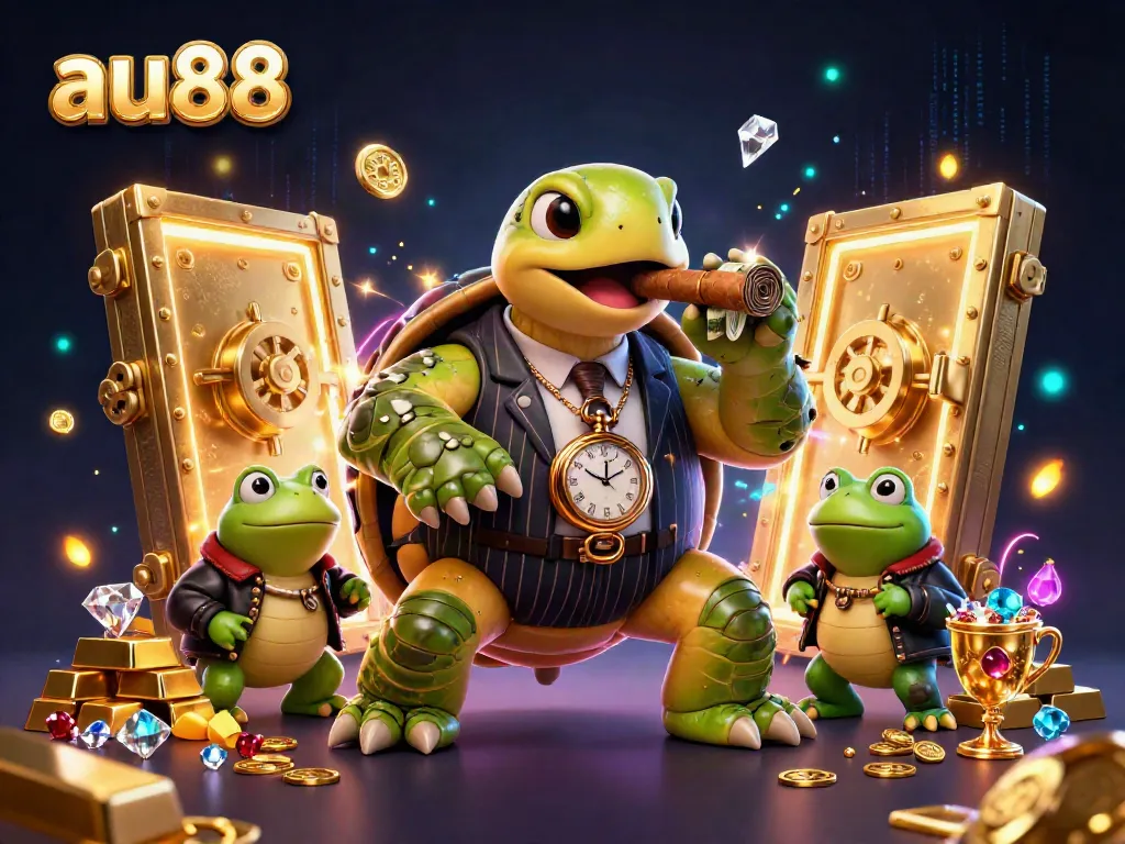 Experience the thrill of casino gaming with au88 through an exciting illustration featuring a bold snapping turtle and bullfrog enforcers.