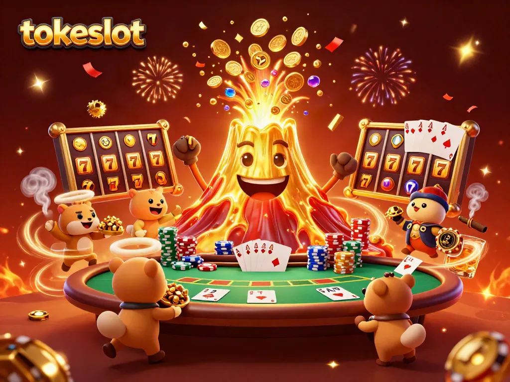 Experience the excitement of tokeslot with dynamic casino elements featuring a golden volcano and treasures.