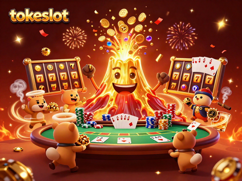 Experience the excitement of tokeslot with dynamic casino elements featuring a golden volcano and treasures.