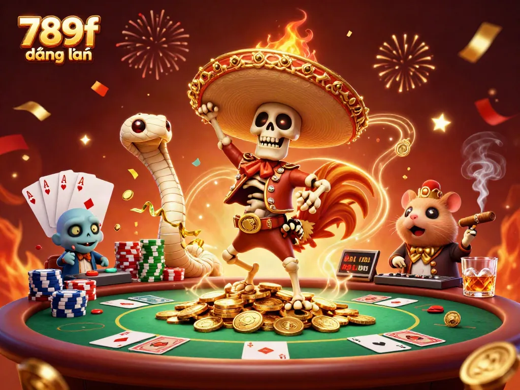 Engage with 789f đăng nhập through a vibrant 3D illustration featuring lively casino characters and dynamic gaming elements.