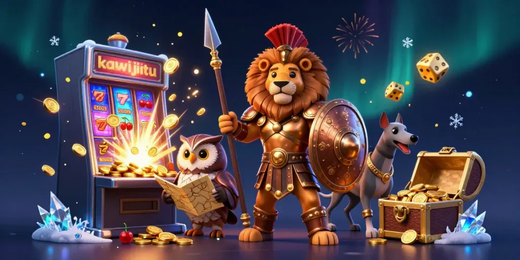 Experience thrilling jackpots with kawijitu in this dynamic casino scene featuring animated characters and vibrant game elements.