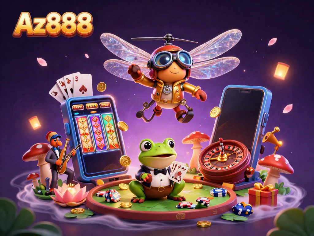 Experience thrilling games at Az888 with a joyful 3D cartoon scene showcasing animated casino excitement.