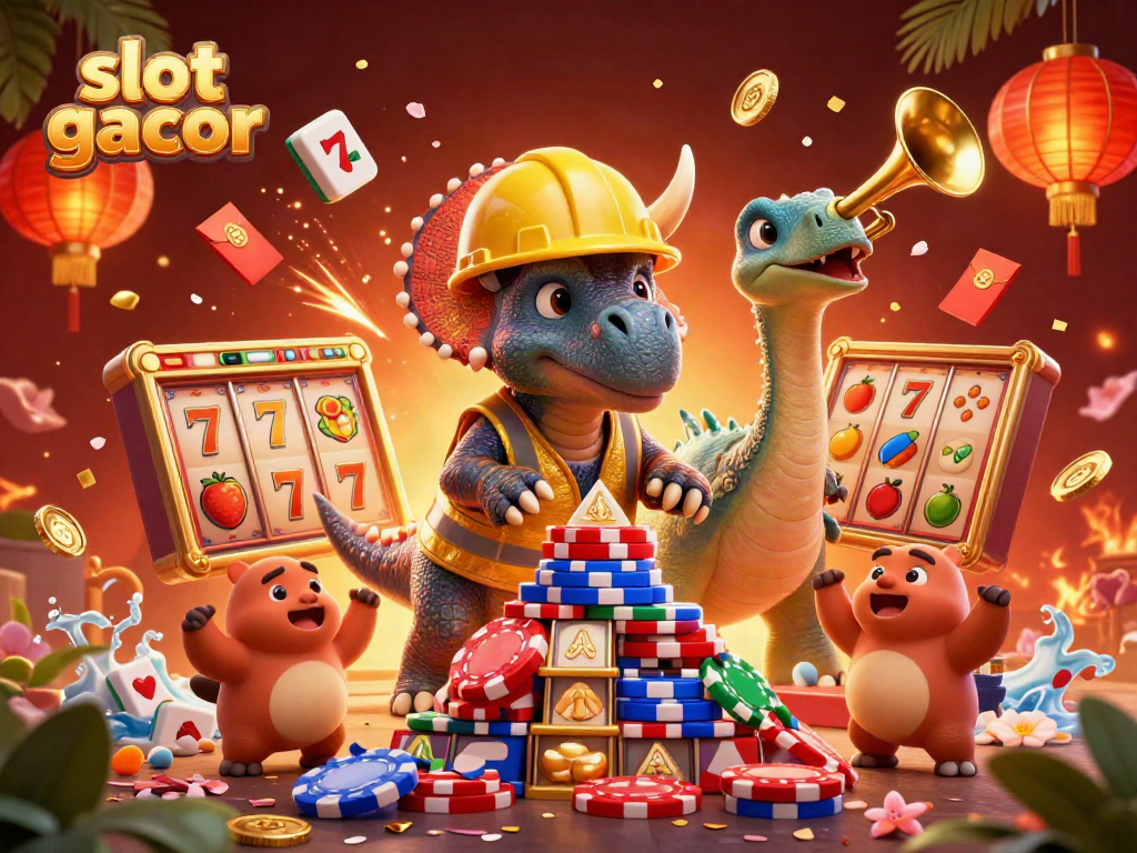 Celebrate jackpot wins with vibrant slot gacor casino scene featuring cheerful dinosaurs.