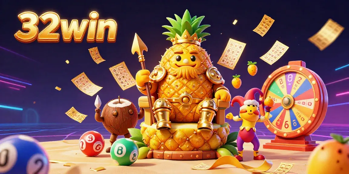Experience the excitement of 32win with a dynamic 3D casino scene featuring colorful lottery elements and engaging characters.