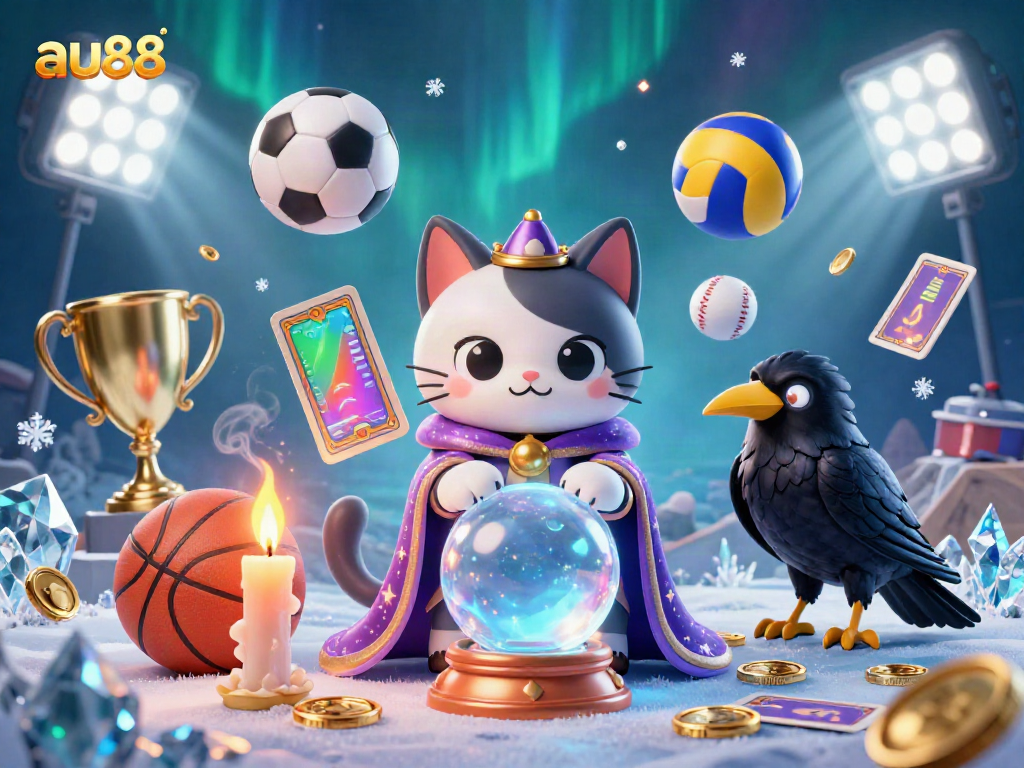 Immerse in a lively au88 casino scene showcasing a fortune teller cat, glowing raven, and dynamic sports elements.