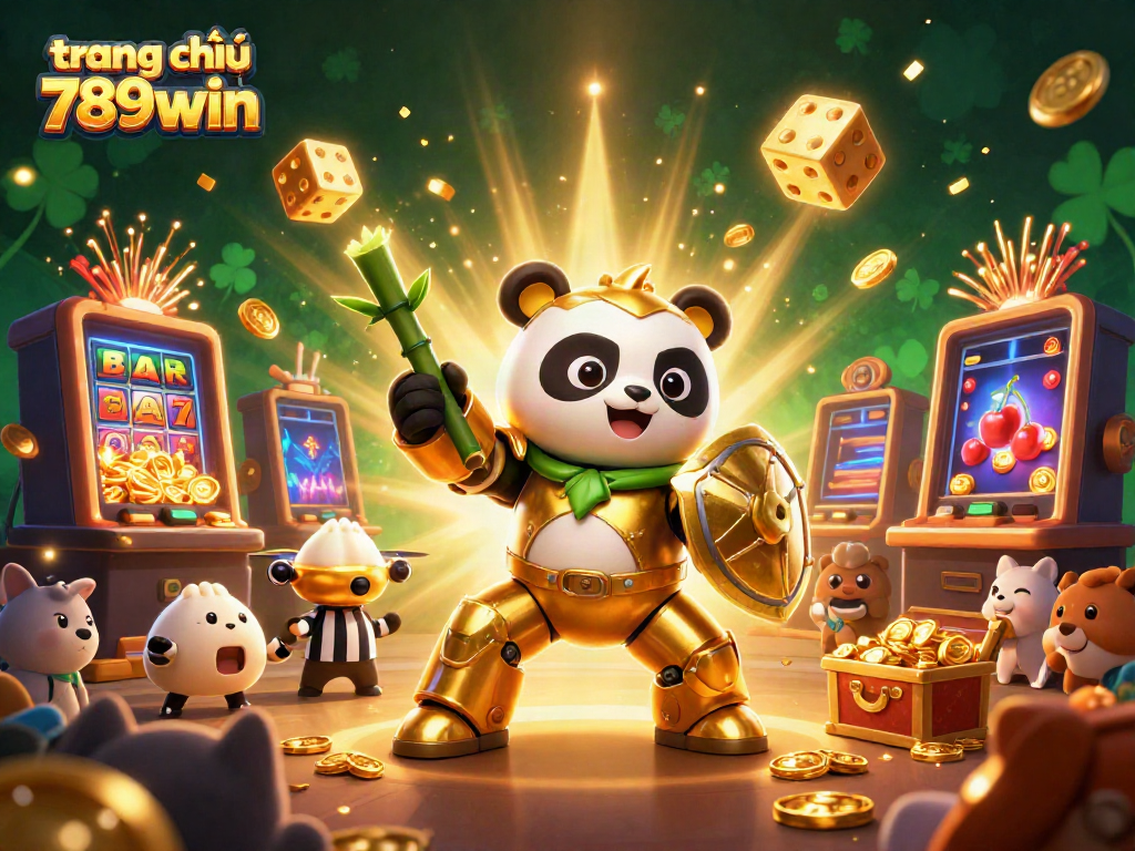 Engage with the thrilling world of trang chủ 789win featuring a golden panda in a mech suit amidst a jackpot explosion.
