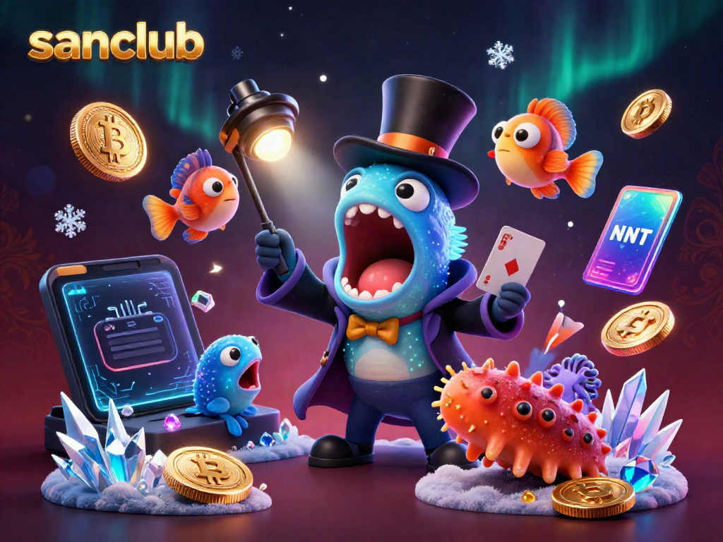 Gamble and win with sanclub, featuring a deep-sea eel magician, crypto coins, and an anglerfish spotlight.