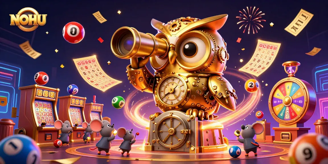 NOHU’s exciting gaming atmosphere with a golden owl, colorful lottery balls, and festive casino elements.