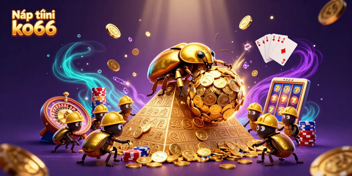 Nạp tiền ko66 with a golden dung beetle and casino symbols in a dynamic gambling scene