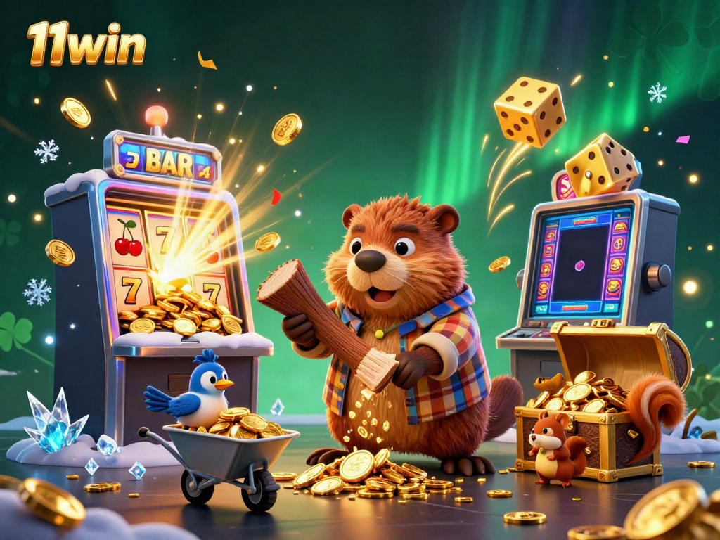 Experience winning with 11win as a cartoon beaver chops trees raining gold coins in a vibrant casino