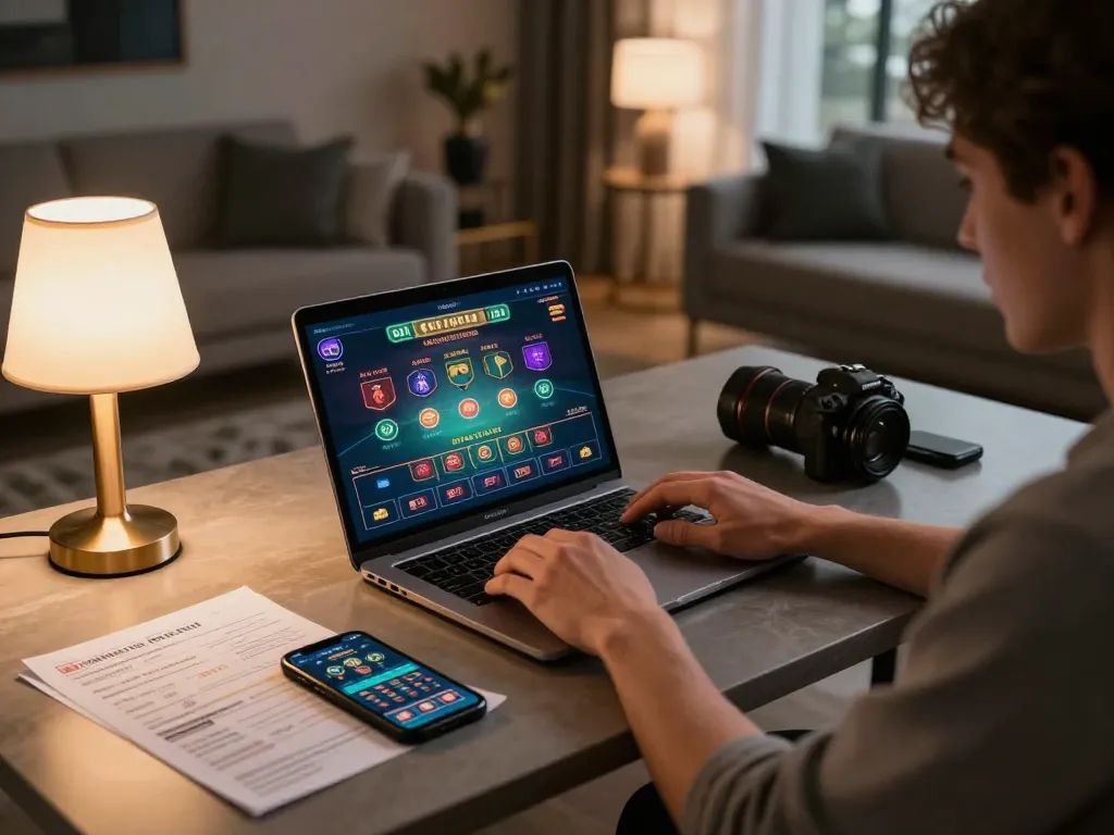 Engaging in online casino gameplay, NEGO77 daftar visible on laptop screen, creating a responsible gaming environment.