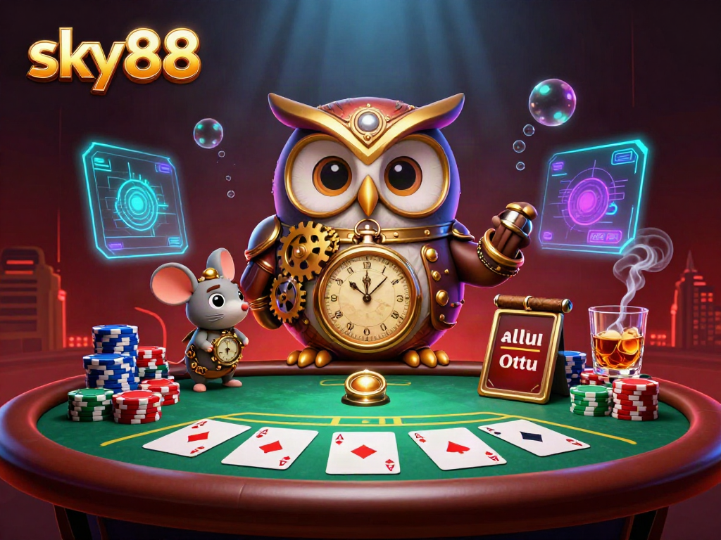 Experience thrilling poker action at sky88, featuring a captivating 3D casino illustration with vibrant elements.