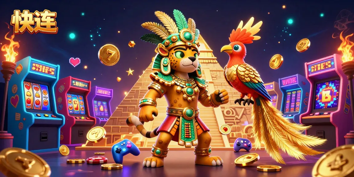Experience 快连 with this vibrant slot game scene featuring an energetic Mayan jaguar priest and quetzal.