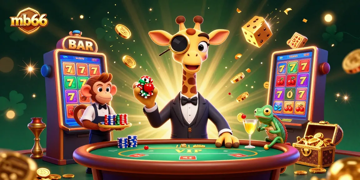 Experience the thrill of mb66 with a vibrant 3D casino scene featuring a giraffe at a poker table.