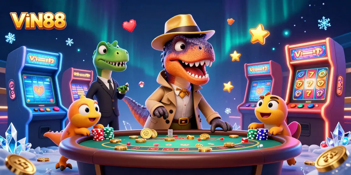 VIN88 velociraptor card counter at a blackjack table surrounded by vibrant casino elements and slot themes.