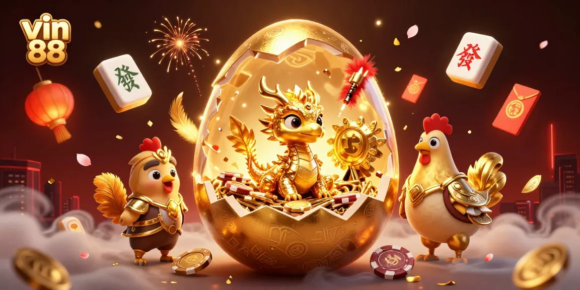 Experience victory with vin 88 as the golden dragon nests on poker chips amidst festive decorations.