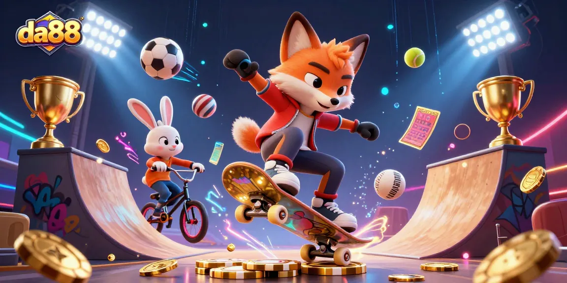 Experience gaming excitement at da88 with a dynamic 3D illustration of a fox and rabbit in a casino-themed scene.
