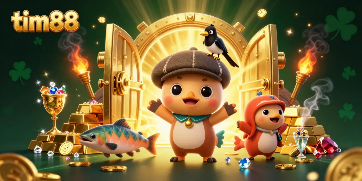 tim 88 showcases a playful scene with a cartoon Nessie surrounded by gems, gold, and lucky symbols.