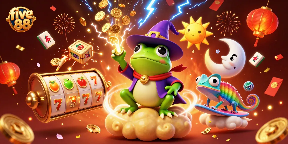 Charming five 88 scene with a wizard frog and chameleon amidst a storm of golden coins and slot reels.