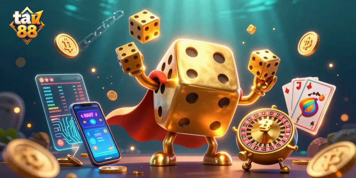 Win big at ta 88 with our vibrant casino scene featuring golden dice and slot elements.