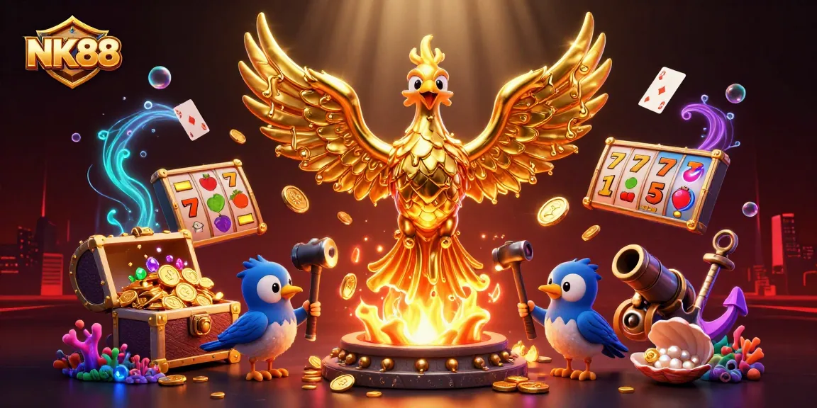 Navigating exhilarating adventures at NK88 with golden phoenix and jackpot symbols thrilling gamblers.
