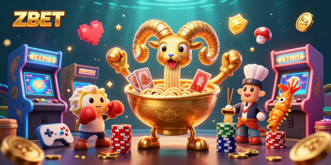 ZBET showcases an exciting casino scene with a giant ramen bowl character, cheerful sushi roll dealer, and vibrant game elements.