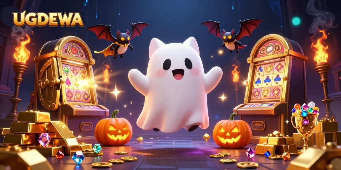 Experience thrilling wins at UGDEWA with a ghost cat in a vibrant haunted casino scene.