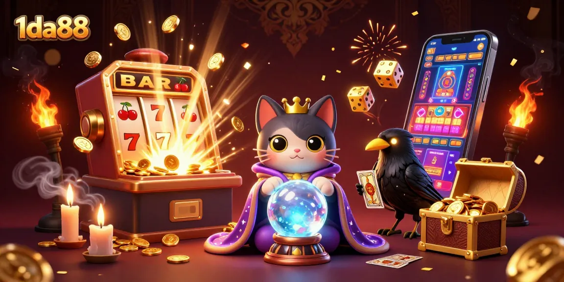 Engage with 1da88's vibrant casino magic featuring a fortune teller cat and tarot raven!