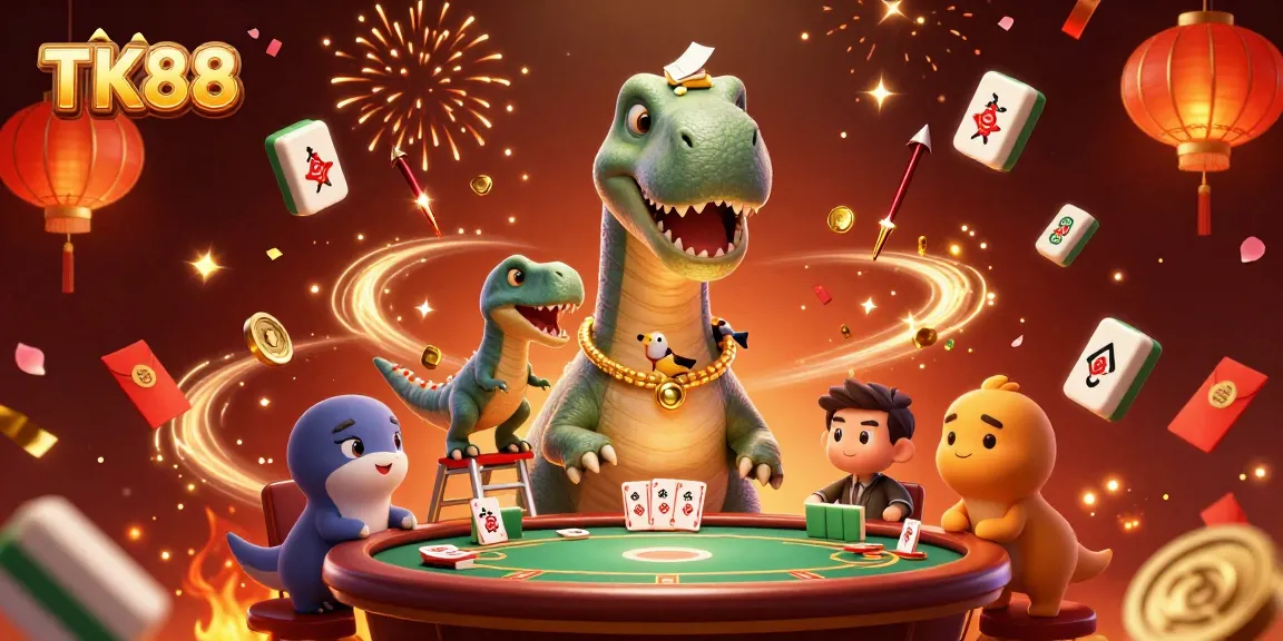 Experience the excitement of TK88 with a lively, colorful casino scene featuring animated characters and festive decorations.
