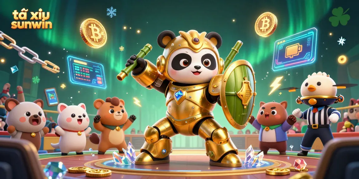 Play tài xỉu sunwin with a golden panda in an arena filled with cheers and vibrant gaming elements.