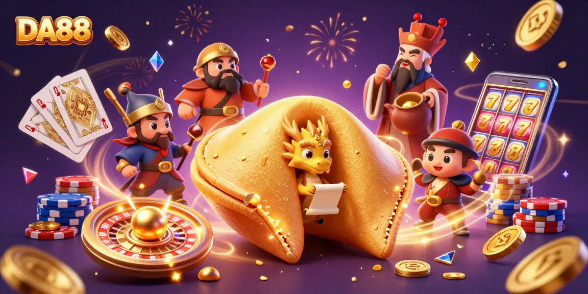 Experience DA88's exciting gaming journey with a golden fortune cookie and lucky charms in a vibrant casino world.