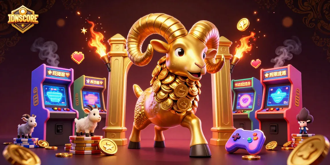 IDNSCORE offers exciting lottery and slot gameplay illustrated by a golden ram charging at a casino gate.
