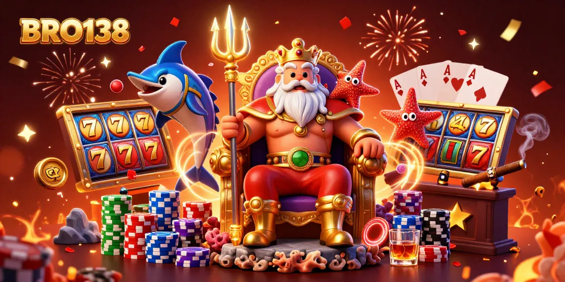 Experience the excitement of winning big with BRO138 in this colorful 3D illustration featuring slot reels and poker elements.