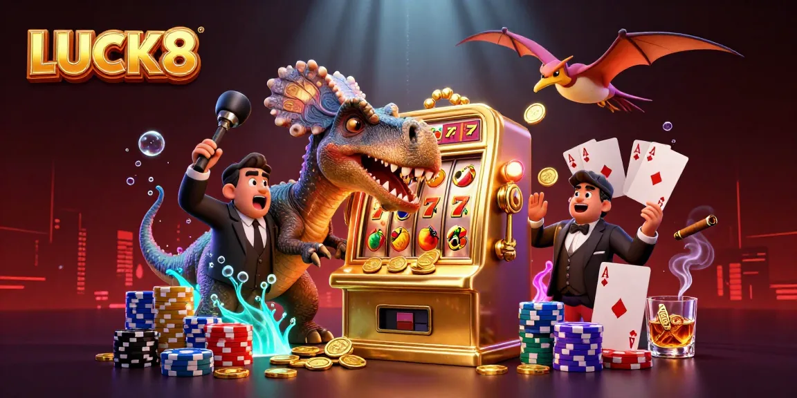 LUCK8 casino scene with a cartoon dinosaur hitting a slot machine for golden coins and excitement