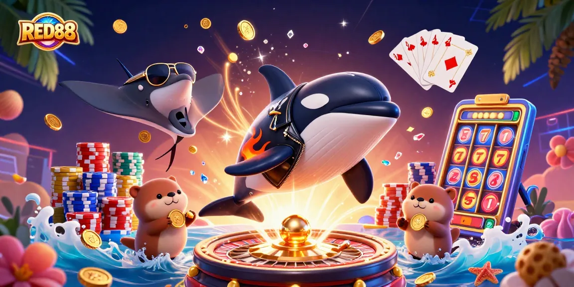 Experience the thrill of RED88 with an orca whale, stingray, and otters amidst dynamic casino gaming elements.