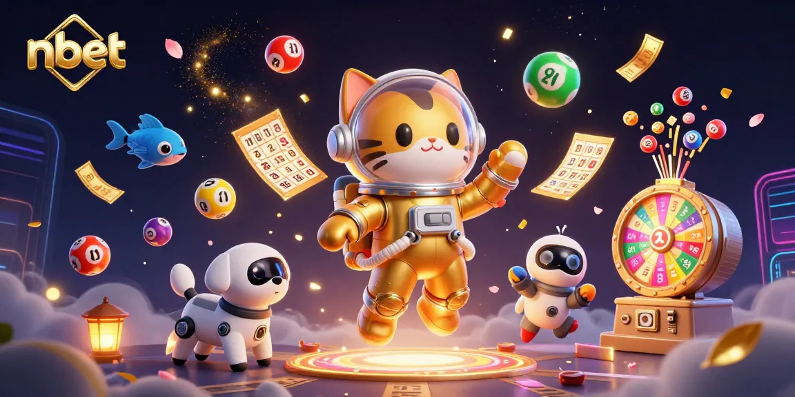 Engage with nbet's vibrant lottery universe, featuring dynamic characters in a cosmic setting.