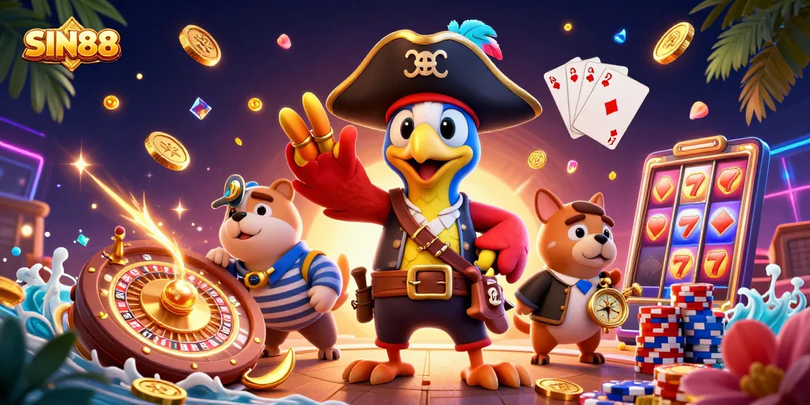 SIN88 slots scene with pirate captain, bulldog first mate, and cat navigator amid golden coins and card decks