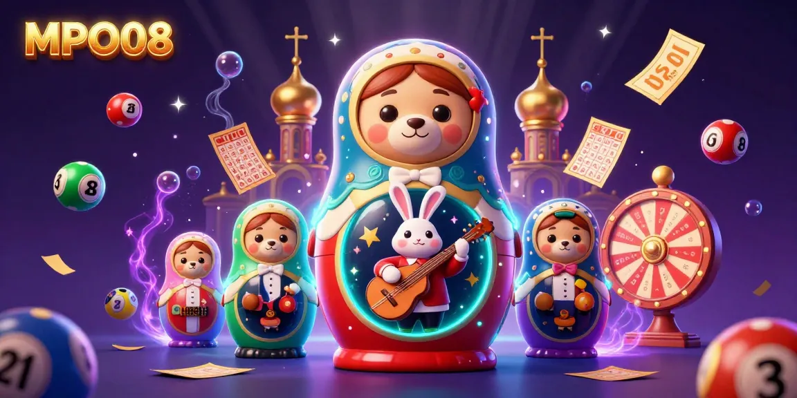 MPO08 showcases a vibrant scene of a Matryoshka bear and others celebrating with lottery balls and casino elements.