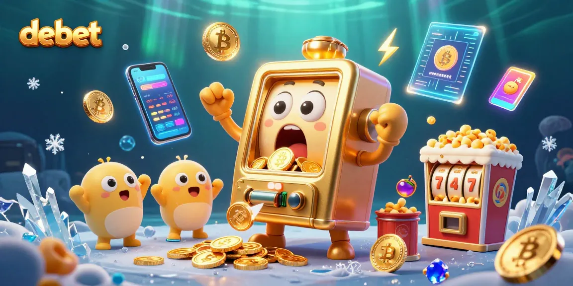 Hit the jackpot with debet as the animated slot machine and cheering characters celebrate in a vibrant scene.
