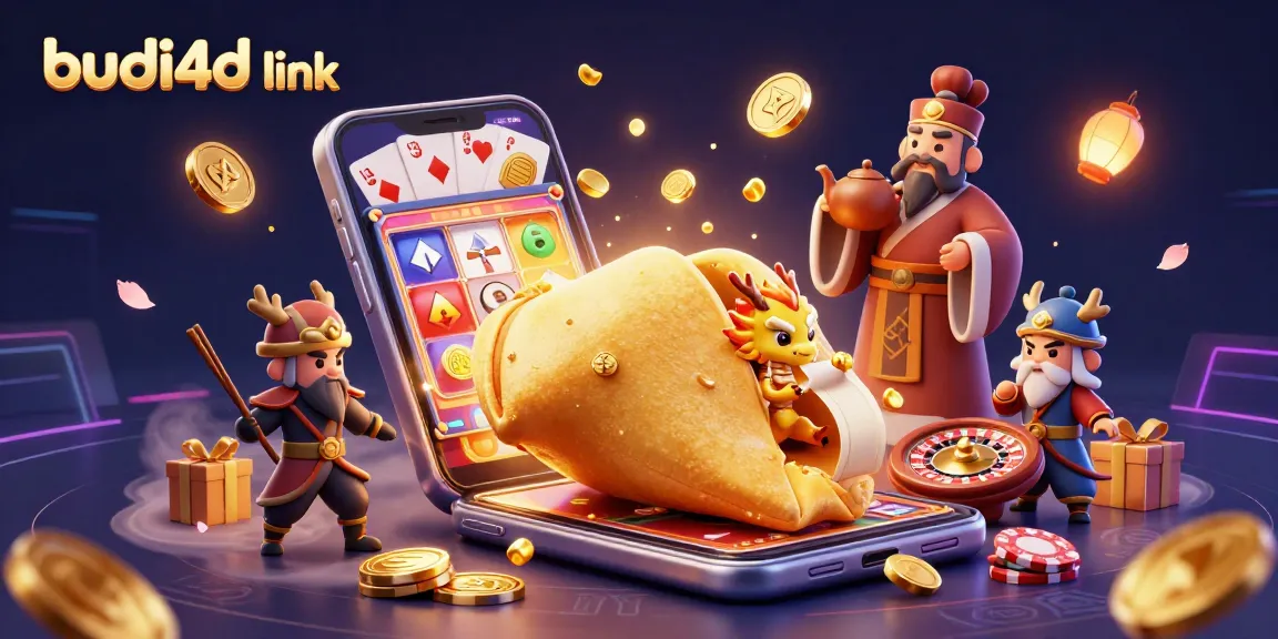 Budi4D link showcases a giant golden fortune cookie and gaming elements in an engaging casino scene.